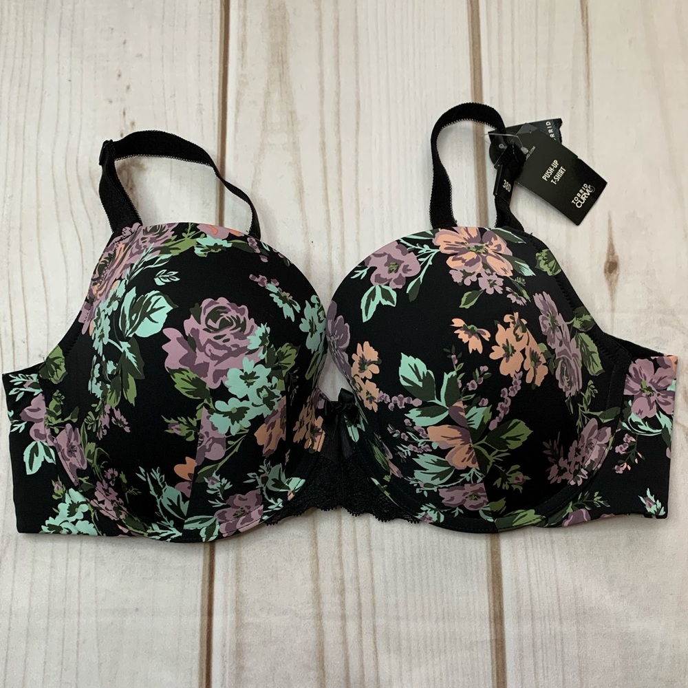 Torrid Bra Size 38D Push Up T-Shirt Floral Black Pastel Padded Underwire